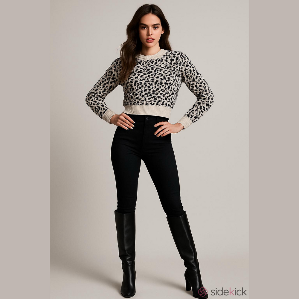 Divided Cropped Leopard Print Sweater, Tan, Black, Size S